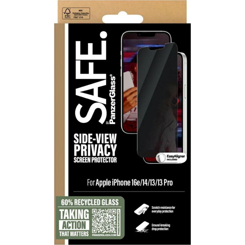 Szkło prywatyzujące + aplikator, szybka hartowana na cały ekran Safe by PanzerGlass Ultra-Wide Fit Privacy + EasyAligner do Apple iPhone 16e / 14 / 13 Pro / 13